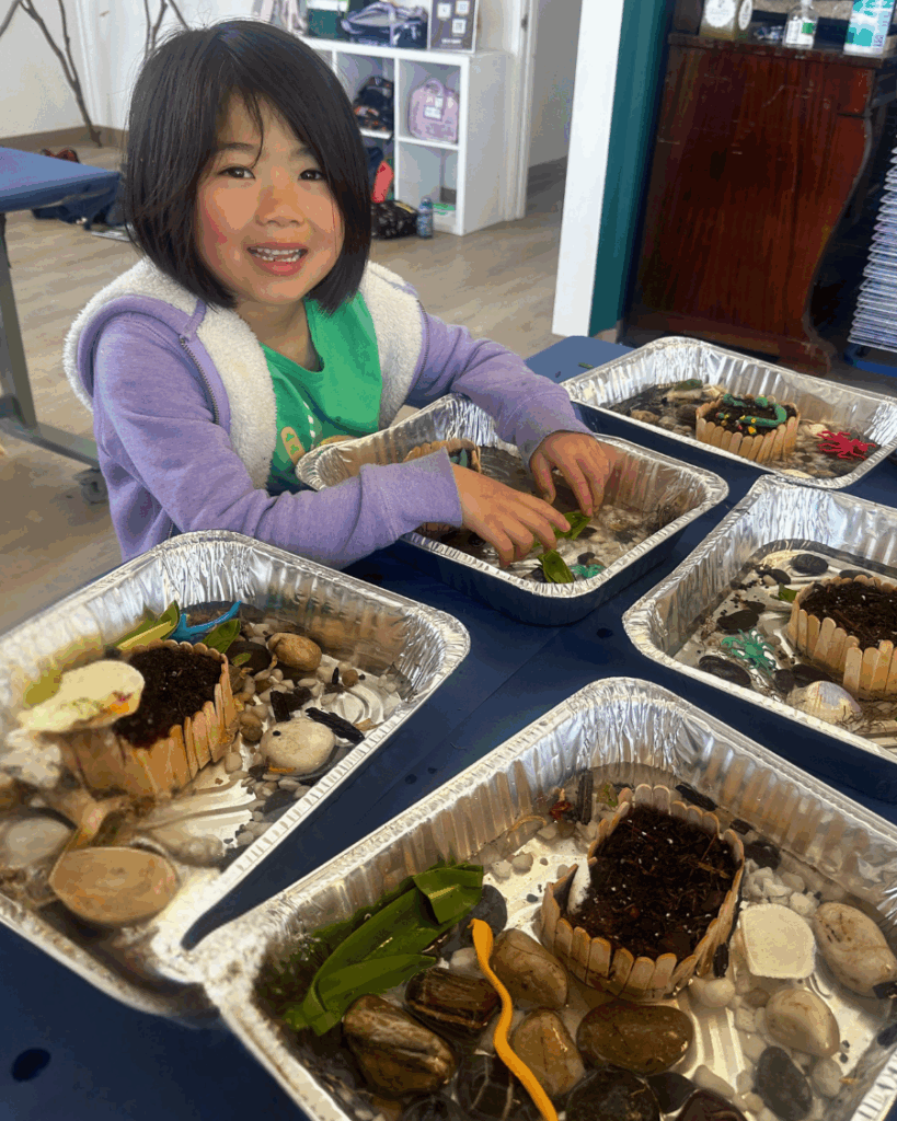 young asian girl poses with the habitat she created in class. sh is smiling at the camera with her hands in a tray filled with water, soil, rocks, and leaves