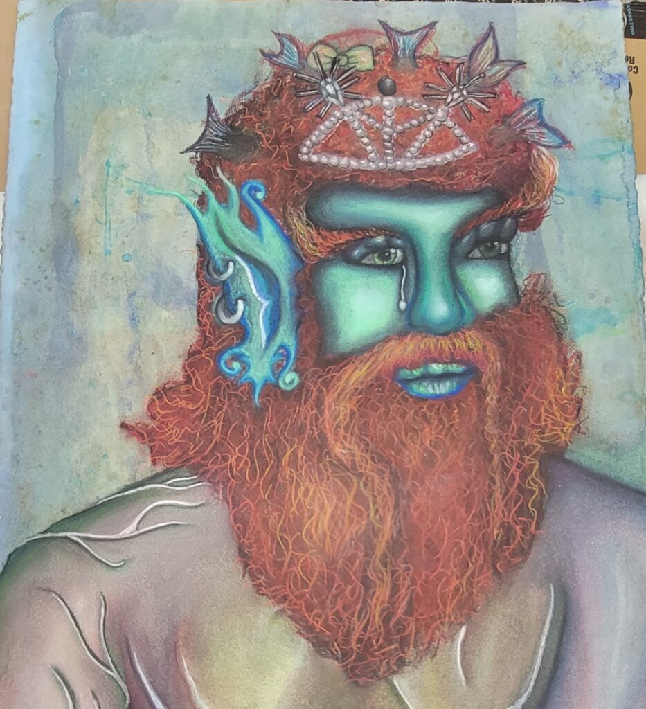 drawing of Poseidon, blue skinned creature with orange hair and beard